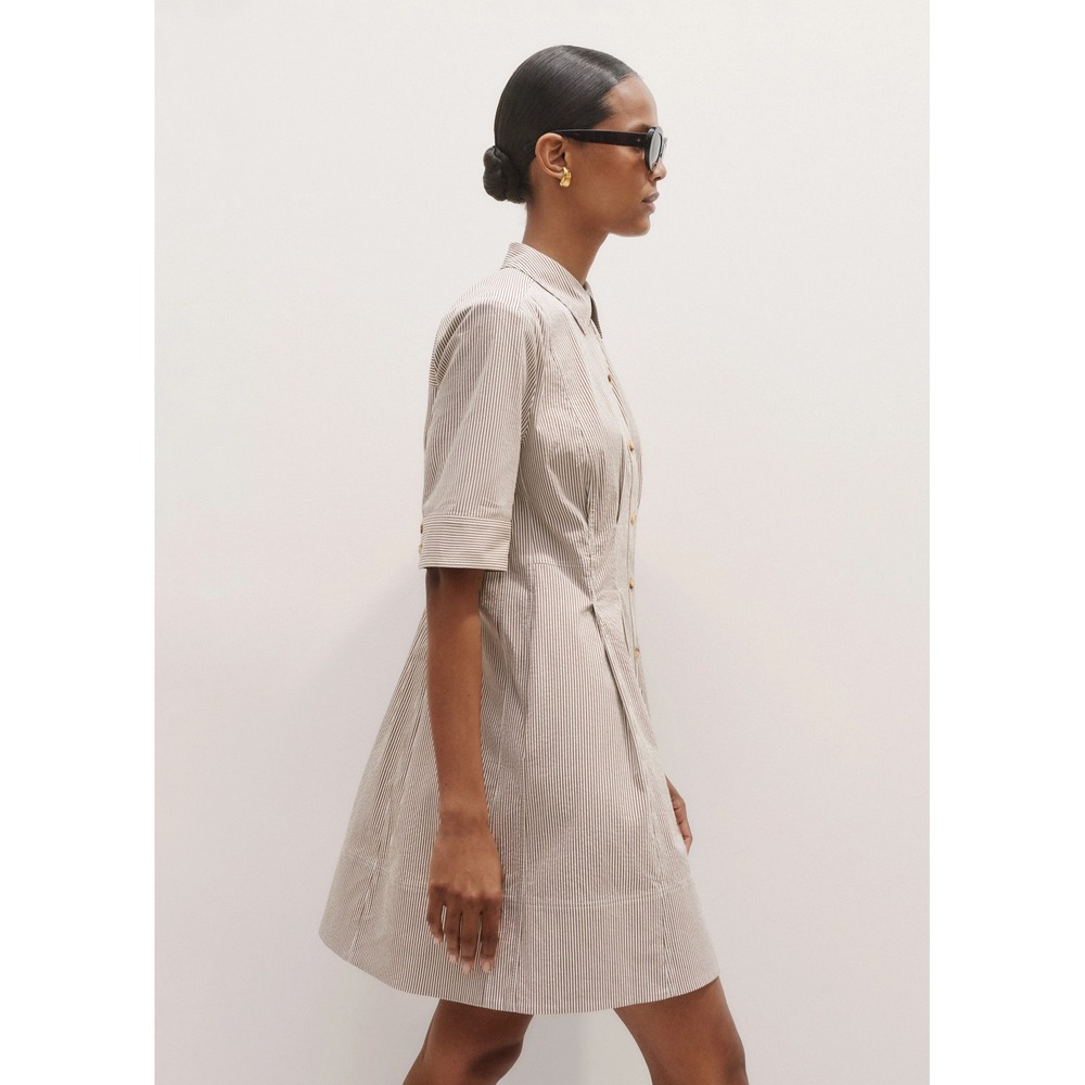 ME+EM Seersucker Brown Stripe Mini Shirt Dress Womens 14 Cotton Pleated Neutral